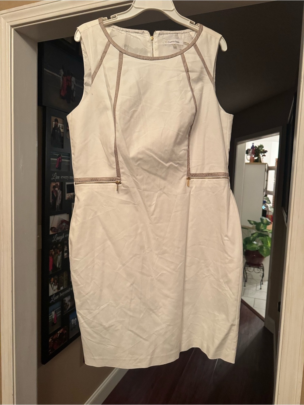Calvin Klein Ivory Sleeveless Sheath Dress with Taupe Trim